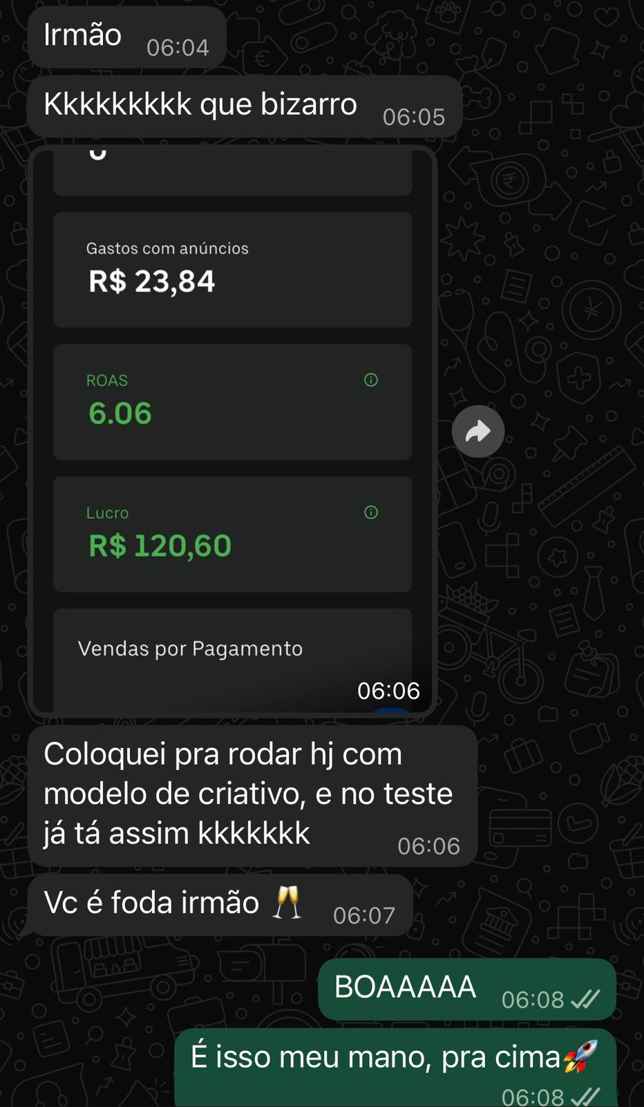 Print WhatsApp mostrando ROAS 6.06 e lucro de R$120,60 com mensagem 'Vc é foda irmão'